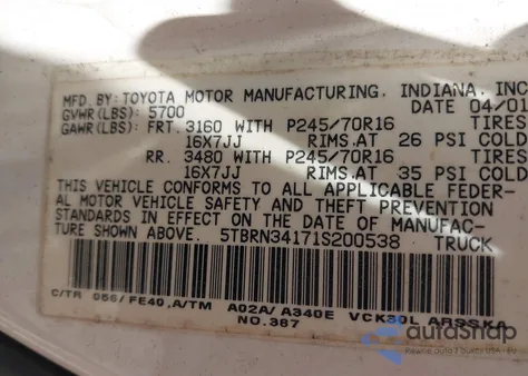 2001 Toyota Tundra Sr5 из США, поврежденный, VIN 5TBRN34171S200538